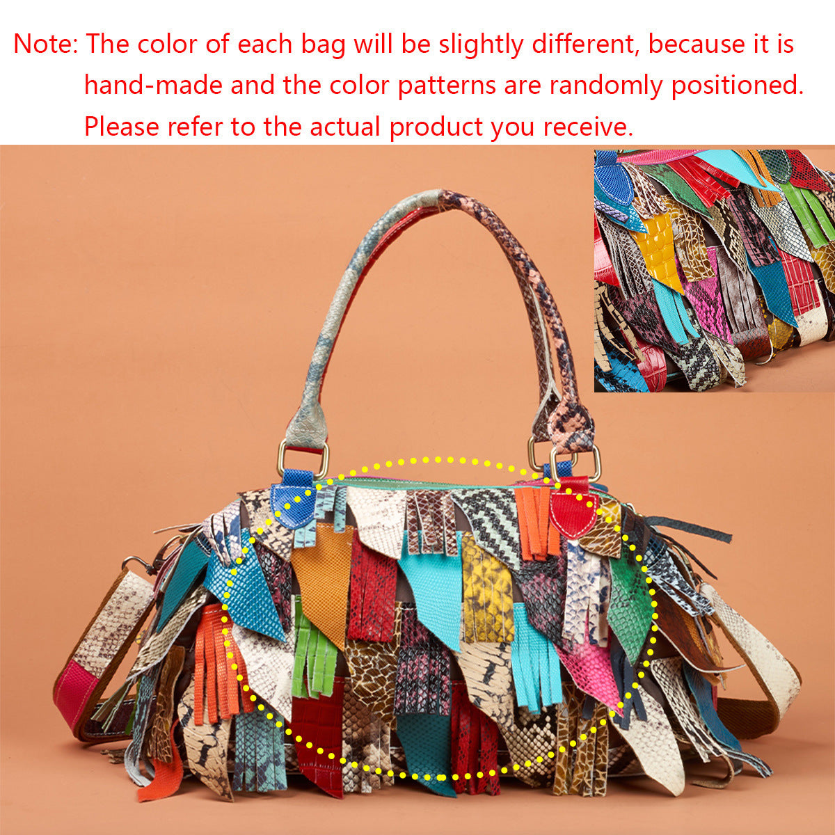 Genuine Leather Snakeskin Color Block Tassel Handbag for Women, Unique Designer Crossbody Shoulder Bag, Top Handle Purse with Fringe Detail