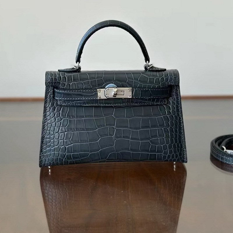 Genuine Leather High-Gloss Crocodile-Embossed Kelly-Style Bag for Women, New 2nd Gen Mini Top Handle Shoulder Purse, Premium Handbag for Ladies