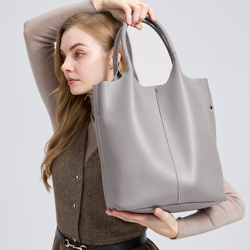 Top Layer Cowhide Tote Bag for Women Large Capacity Shoulder Handbag, Minimalist Pebble Grain Purse with Versatile Everyday Style