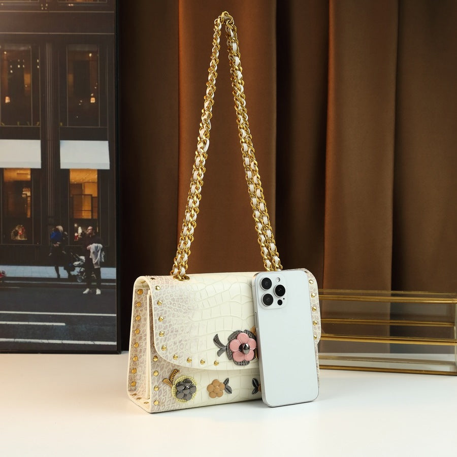 Floral Lace Kelly Mini Bag for Women Lock Buckle Shoulder Crossbody Handbag, Niche Premium Purse with Elegant Floral Detail