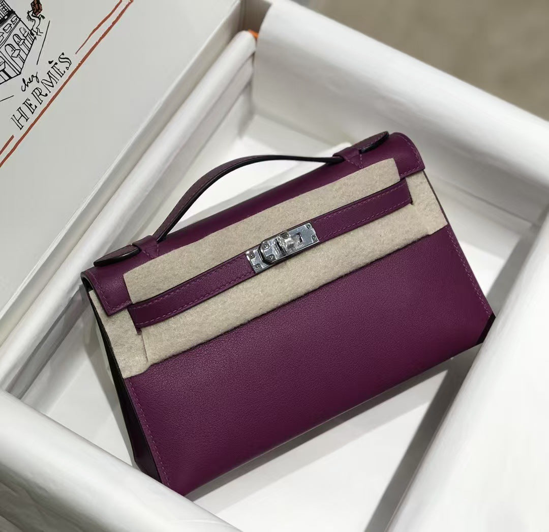 Genuine Swift Leather Mini Kelly-Style Bag for Women, 2025 Spring Summer Hermès-Inspired Top Handle Chain Shoulder Purse, Light Luxury Everyday Handbag for Ladies