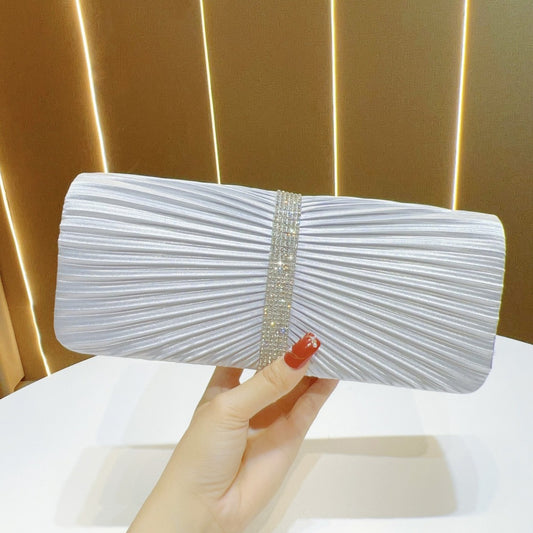 Elegant Pleated Satin Evening Clutch for Women, A Light Luxury Rhinestone-Embellished Crossbody Handbag with Premium Sophisticated Design, Perfect for Banquets & Special Occasions