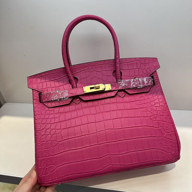 Genuine Top Layer Cowhide Matte Crocodile-Embossed Birkin-Style Bag for Women, Premium Top Handle Shoulder Crossbody Purse, Luxury Handbag for Ladies