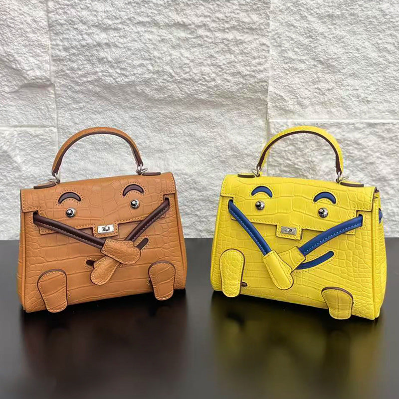 Genuine Leather Crocodile-Embossed Doll Kelly-Style Bag for Women, Hand-Stitched Waxed Thread Niche Fashion Top Handle Shoulder Crossbody Purse, Trendy Handbag for Ladies