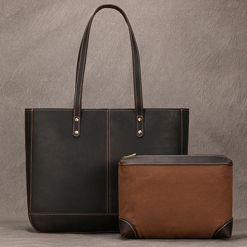 Genuine Crazy Horse Cowhide Tote Bag for Men and Women, Large Capacity Vintage Commute Shoulder Crossbody Top Handle Handbag, Versatile Unisex Purse for Ladies and Gentlemen