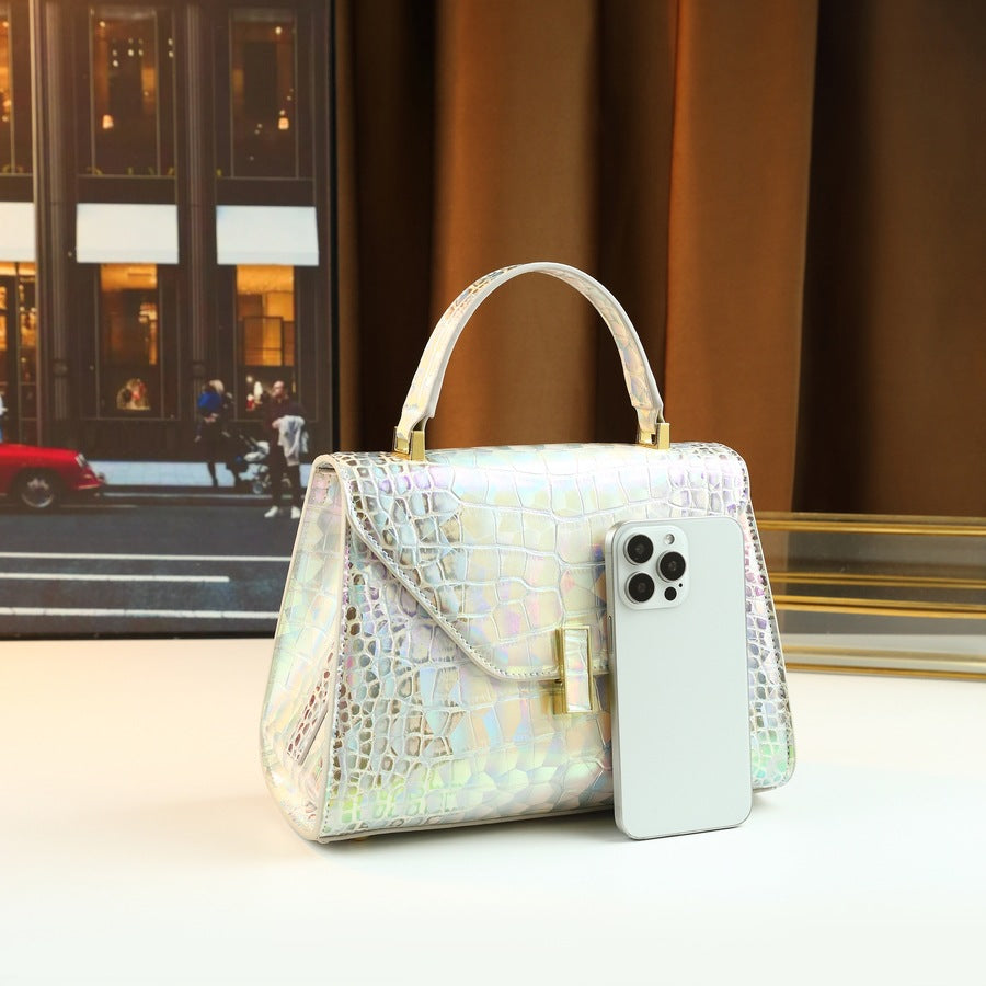 Chic Iridescent Croc-Effect Small Square Bag for Women, A Light Luxury Top-Handle Crossbody Shoulder Handbag with Shimmering Finish, Perfect for Summer Style