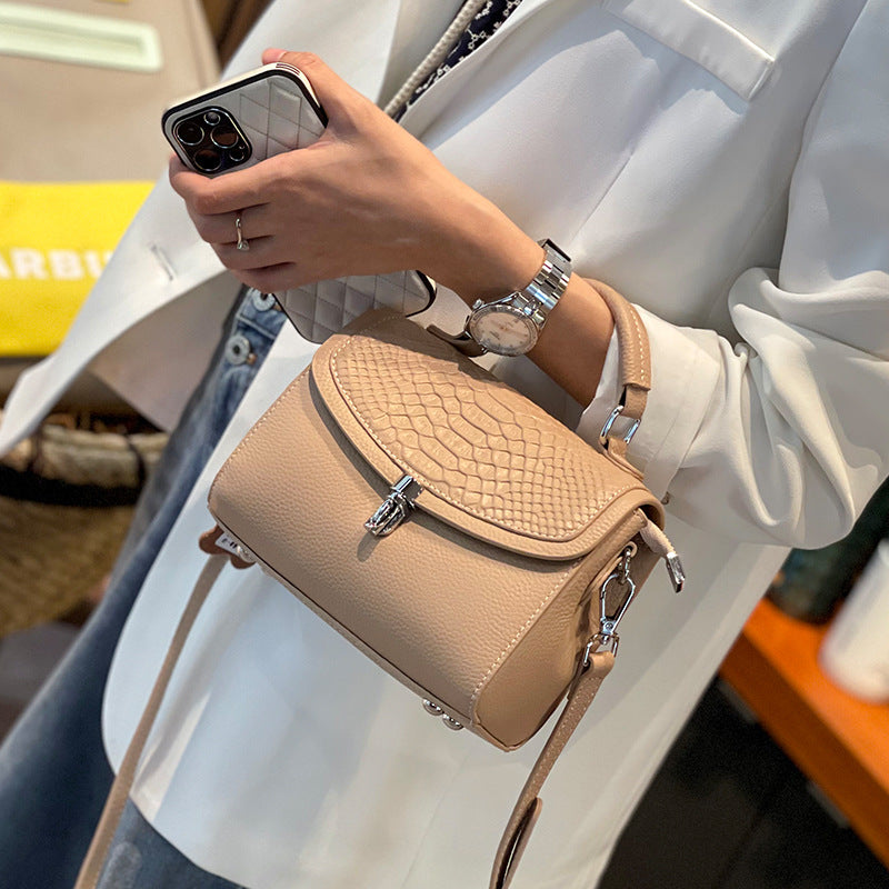 New Arrival Croc-Effect Genuine Leather Small Square Bag for Women, A Premium Top-Layer Cowhide Top-Handle Crossbody Handbag with Elegant Sophisticated Design