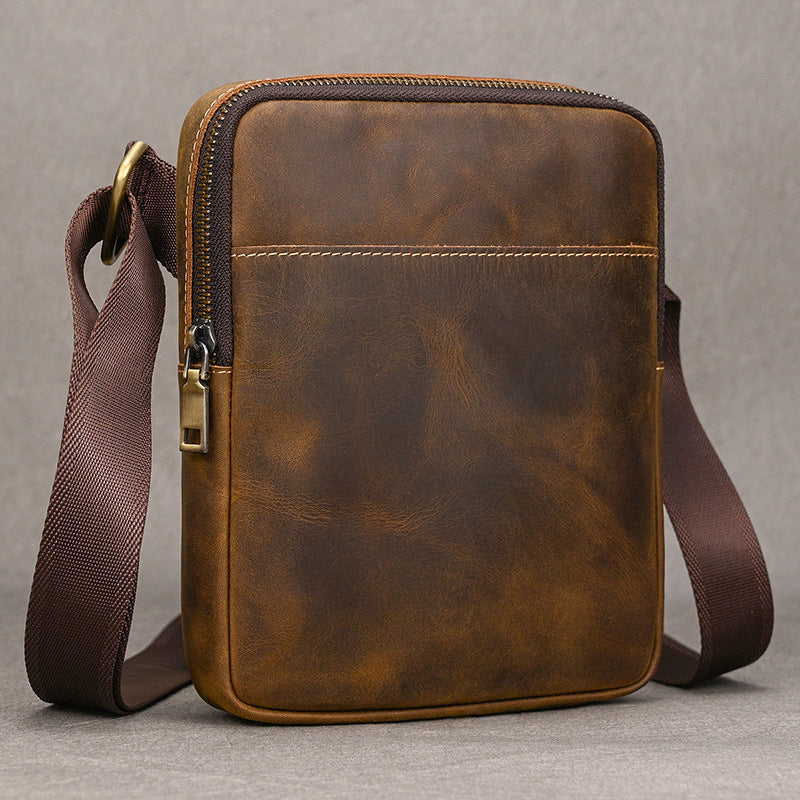 Genuine Top Layer Cowhide Small Square Bag for Men, Lightweight Casual Crossbody Shoulder Purse, Outdoor Phone Umbrella Pouch for Gentlemen