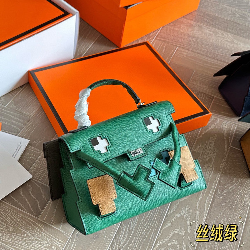 Genuine Leather Mosaic Doll Bag for Women Cross-Grain Cowhide Shoulder Crossbody Handbag, Cute Fashion Purse with Playful Design