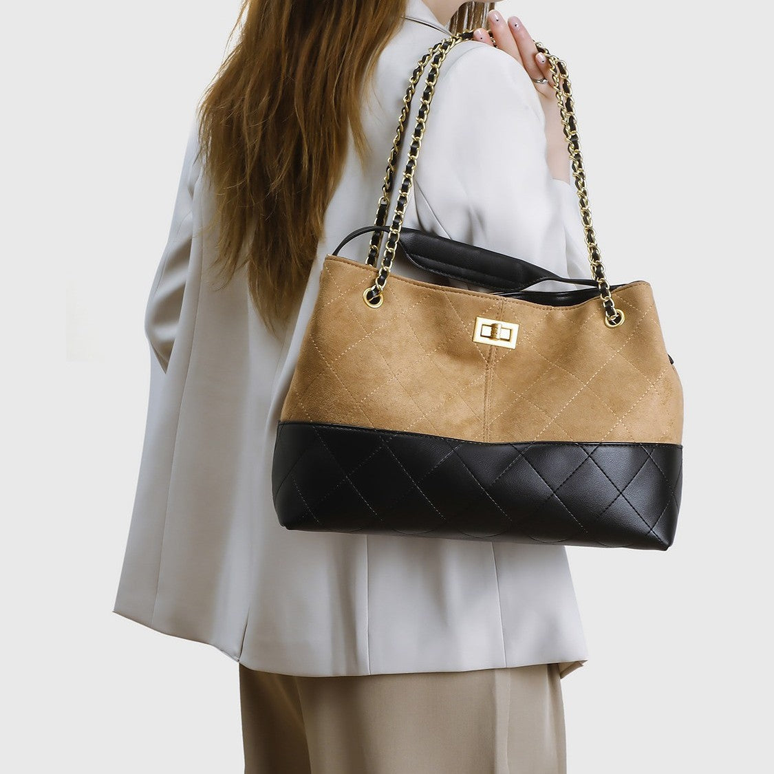Genuine Leather Vintage Patchwork Quilted Tote Bag for Women, New Large Capacity Commute Shoulder Underarm Purse with Chain Strap, Premium Handbag for Ladies