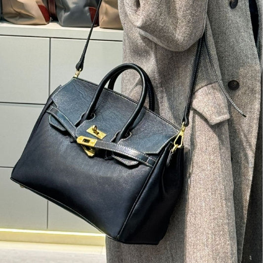 Genuine Top Layer Cowhide Vintage Kelly-Style Bag for Women, Premium Niche Designer Shoulder Crossbody Top Handle Purse, Large Capacity Handbag for Ladies