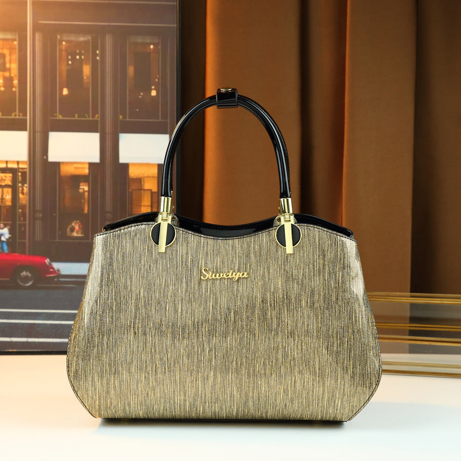 Gold-Tone Patent Leather Boston Bag for Women Large Capacity Shoulder Handbag, Vintage Luxurious Purse with Glossy Metallic Finish for Moms