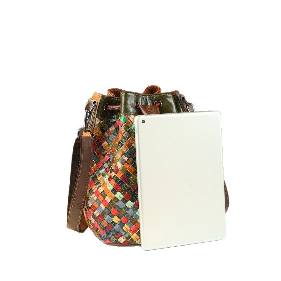 Woven Patchwork Leather Tote Bag for Women Large Capacity Cowhide Shoulder Purse with Drawstring Closure and Handmade Craftsmanship