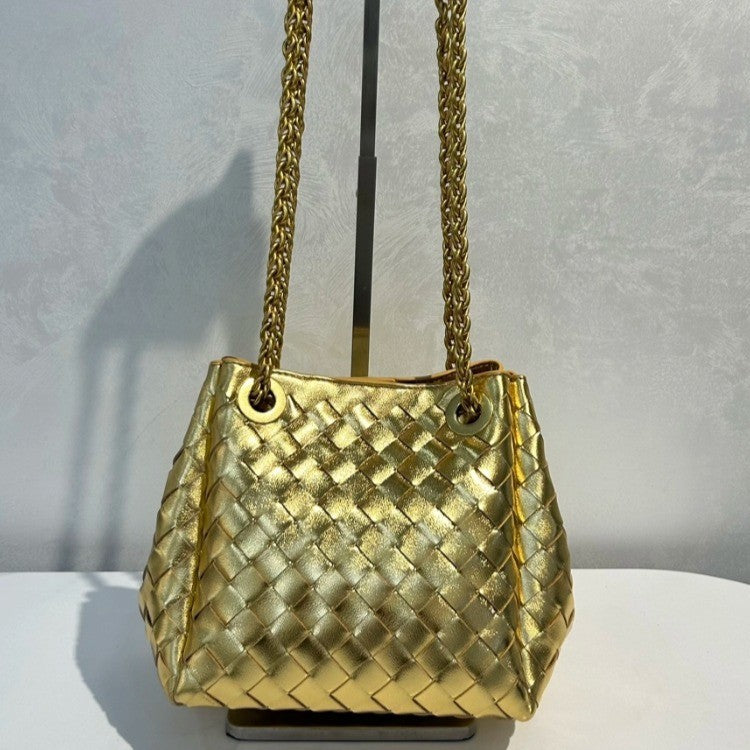 Genuine Leather Metal Chain Woven Parachute Bag for Women, Large Capacity Vintage Underarm Shoulder Crossbody Purse, Premium Handbag for Ladies