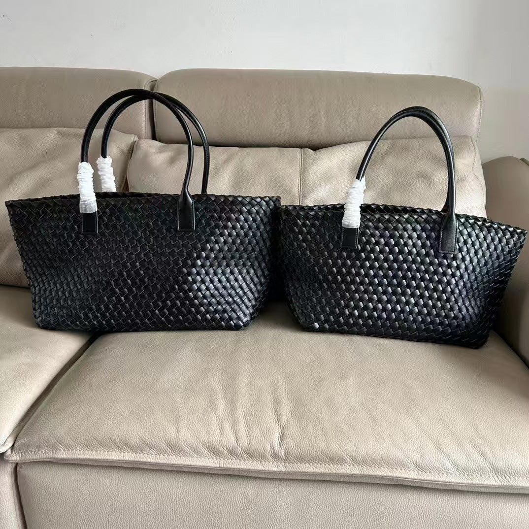 Premium Genuine Leather Woven Basket Tote Bag for Women | New Large-Capacity 2-in-1 Tote with Detachable Matching Pouch | Niche Designer Shoulder Handbag with Unique Artisan Woven Detail | Trendy Spacious Carryall for Work, Errands, Travel & Everyday