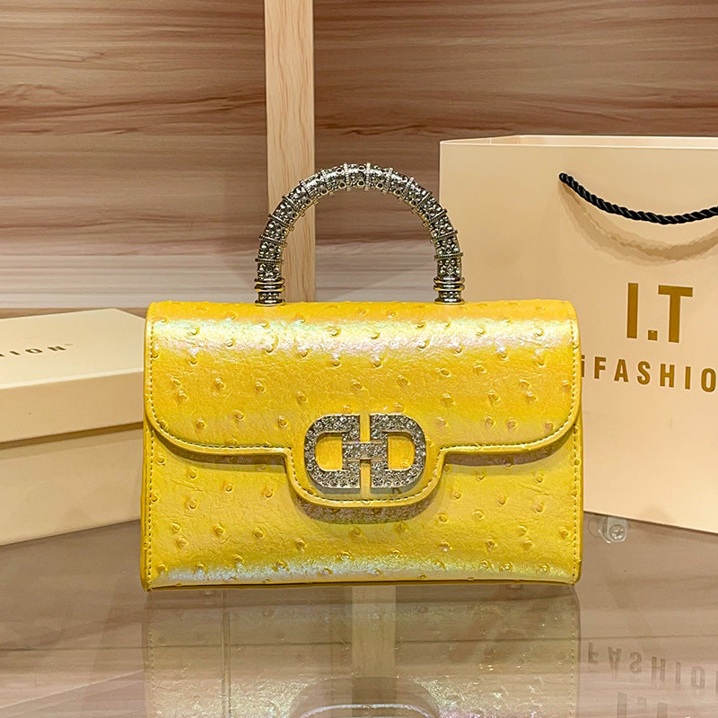 Premium Rhinestone Ostrich-Embossed Genuine Leather Bag, Fashionable Shoulder Crossbody Top Handle Purse, Chic Handbag for Women