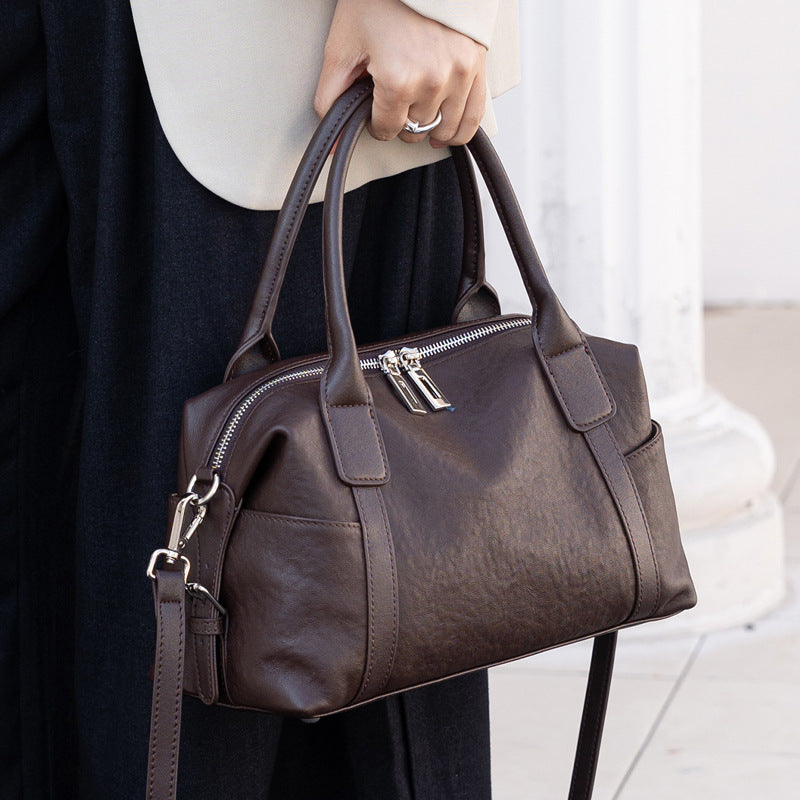 Genuine Leather Slouchy Boston Tote Bag for Women Elegant Commuter Shoulder Handbag, Versatile Trendy Purse with Classic Silhouette