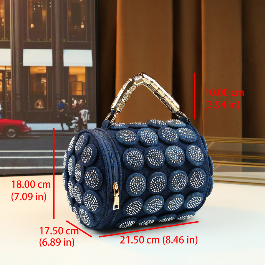 Denim Rhinestone Cylinder Bag for Women Light Luxury Shoulder Crossbody Handbag, Unique Handle Design Purse with Sparkly Trendy Style