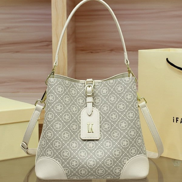 Genuine Leather Vintage Monogram Bucket Bag for Women, Light Luxury Classic Printed Shoulder Crossbody Top Handle Purse, Trendy Handbag for Ladies