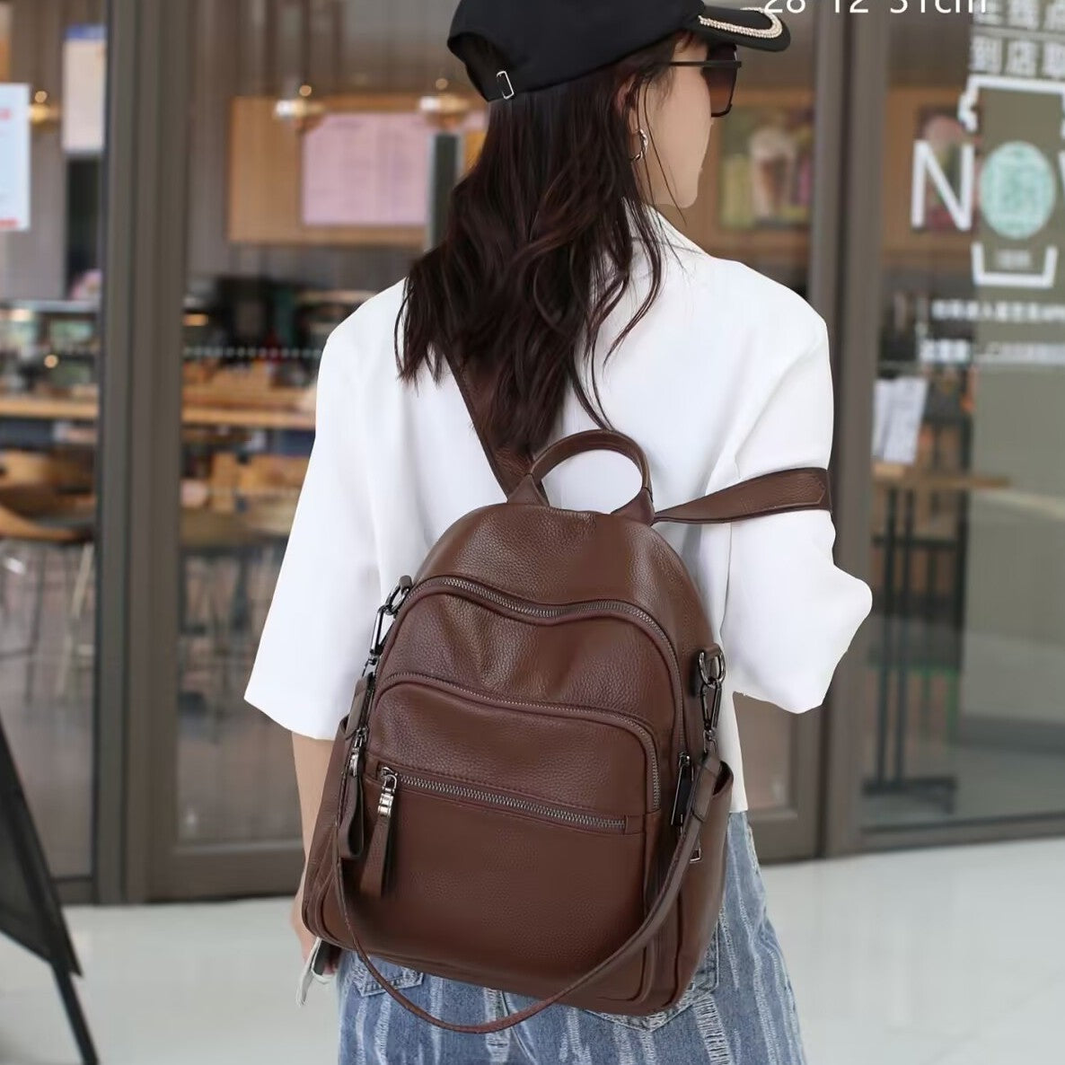 Genuine Top Layer Pebbled Cowhide Leather Backpack for Women, Multi-Pocket Large Capacity Commute Casual Daypack, Versatile Travel Shoulder Bag for Ladies