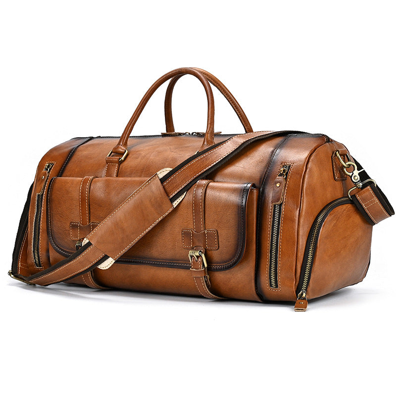 Vintage Burnished Leather Travel Duffle with Shoe Compartment, Large Capacity Gym Weekender, Fashionable Cowhide Luggage Bag for Men