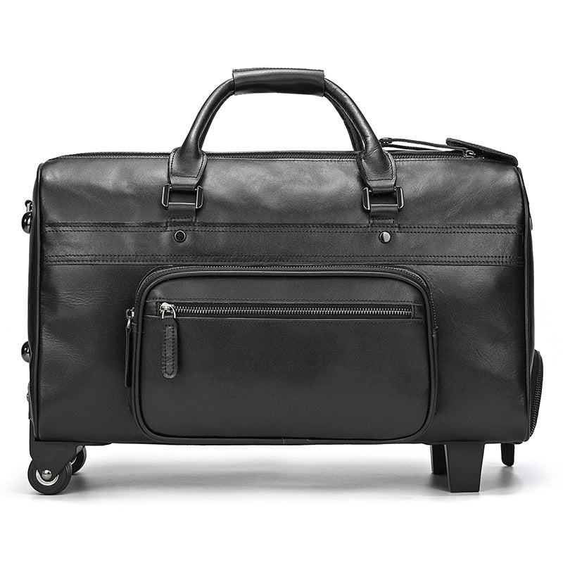 Black Genuine Leather Rolling Business Travel Duffle, Large Capacity Suitcase Luggage with Top Handle, Perfect Weekender for Men and Women