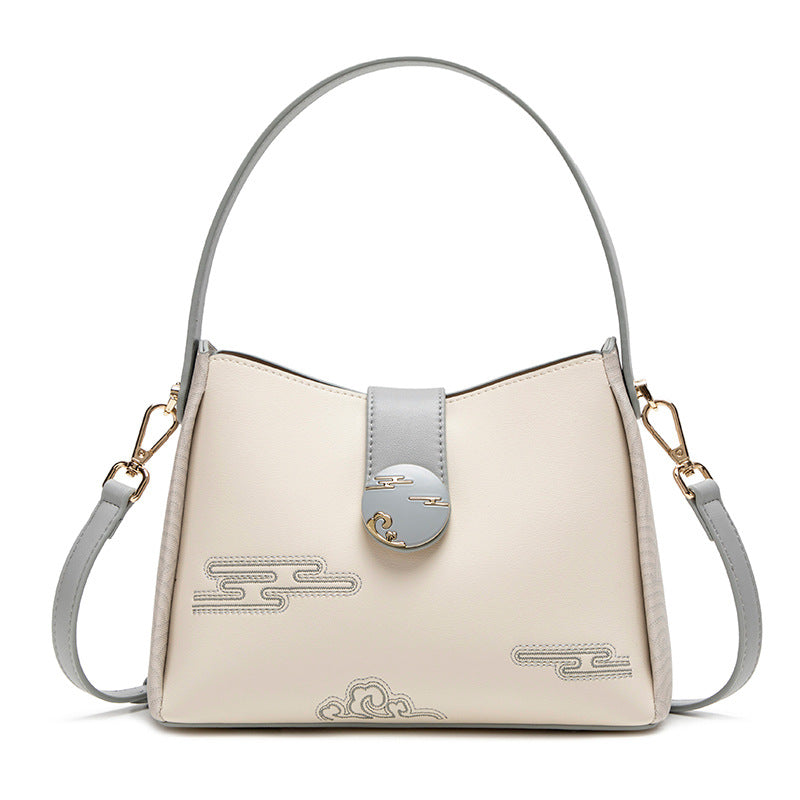 Women's Genuine Leather Small Bucket Cross-Body Shoulder Bag, New Top-Handle Handbag with Color-Block Embossed Pattern, Versatile Everyday Purse for Work, Travel & Casual Outings
