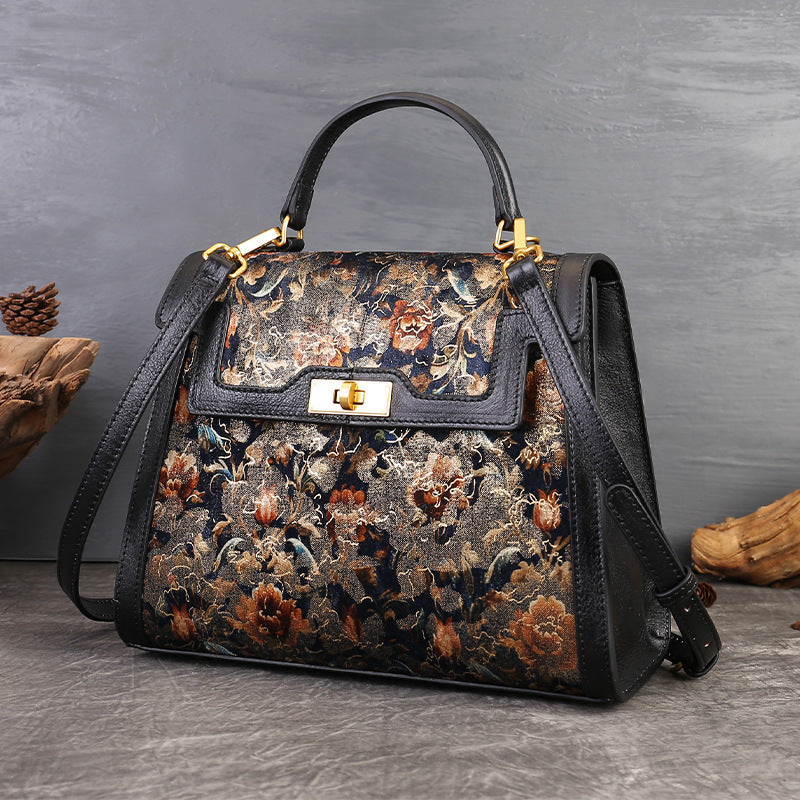 Genuine Leather Floral Embroidered Kelly-Style Bag for Women, Vintage Patchwork Top Handle Shoulder Crossbody Purse, Elegant Commute Handbag for Ladies