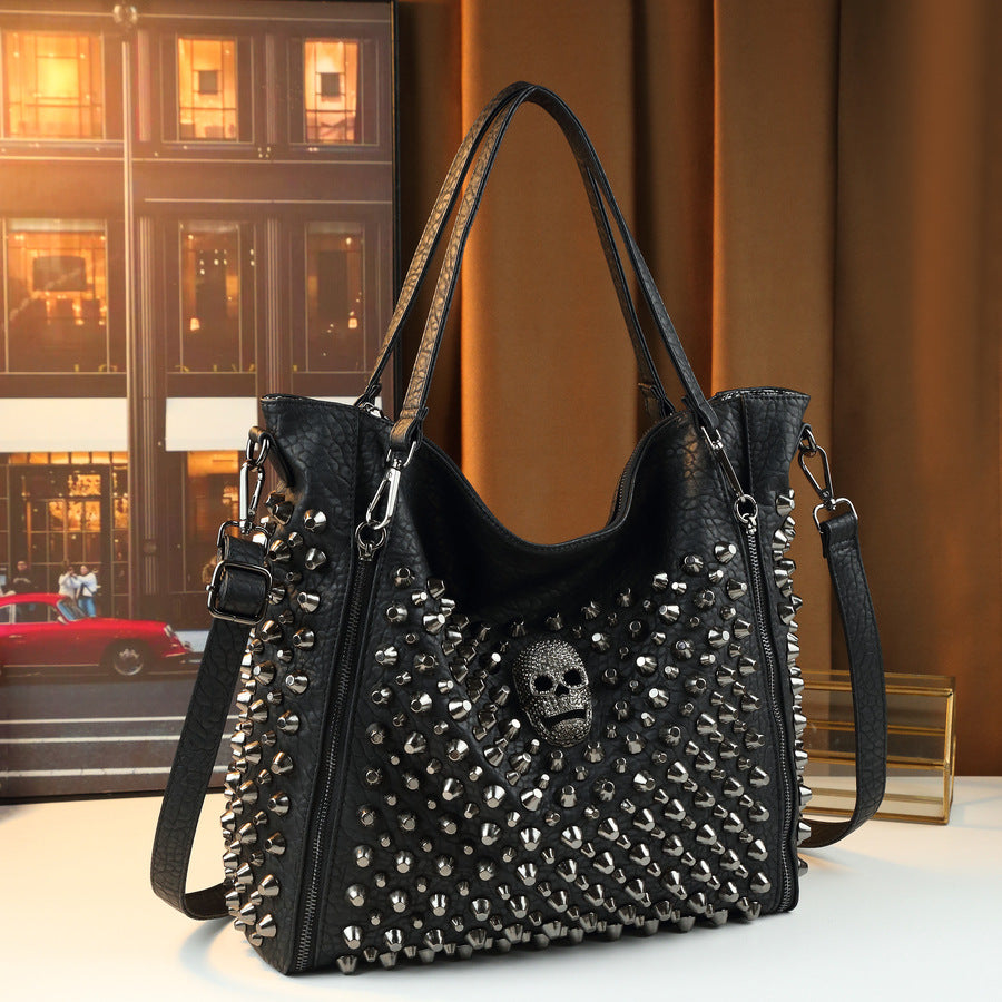 Studded Skull Bucket Tote Bag for Women Halloween Gothic Design Large Capacity Shoulder Handbag with Edgy Stud Hardware Accent
