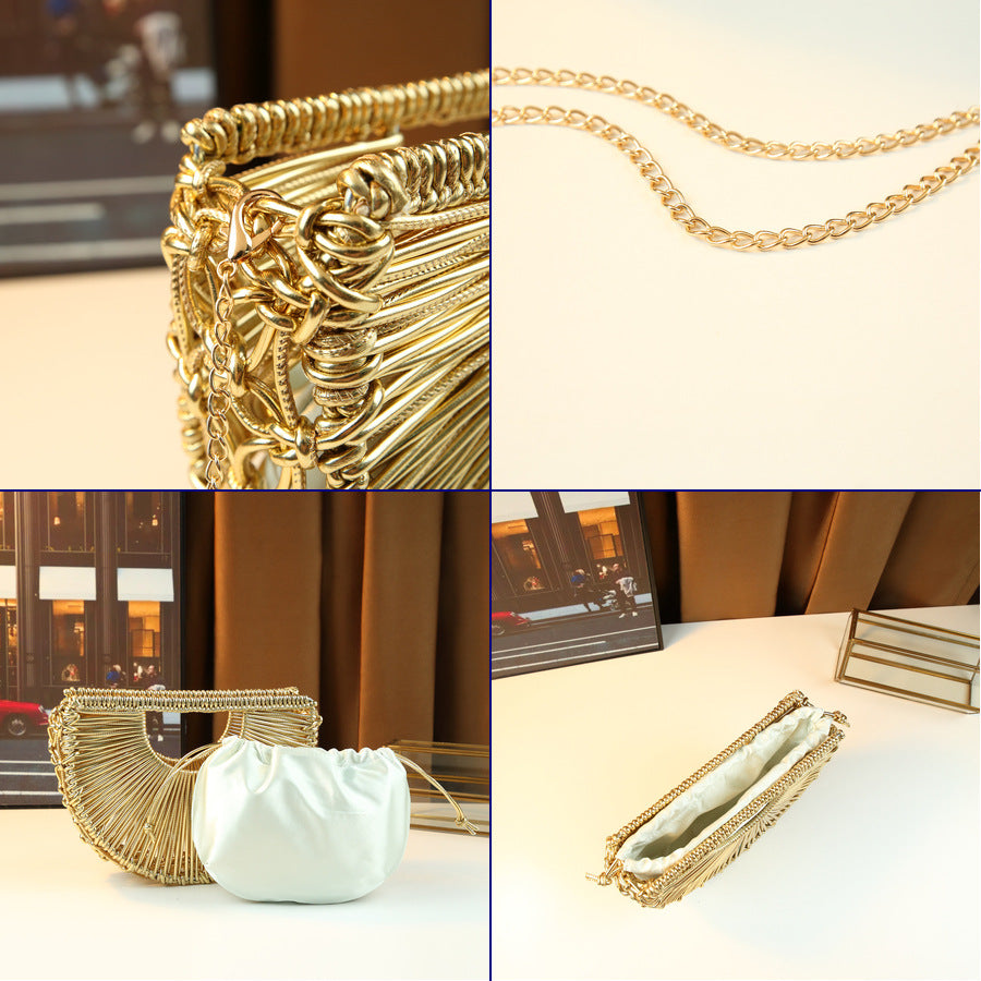Line Woven Hollow Semi-Circle Bag for Women Niche Shoulder Crossbody Handbag, Exquisite Designer Purse with Artistic Open-Weave Design