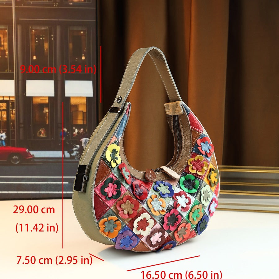 New Arrival Handmade Floral Genuine Leather Bag for Women, A Colorful Flower Patchwork Shoulder Crossbody Top-Handle Handbag with Unique Design