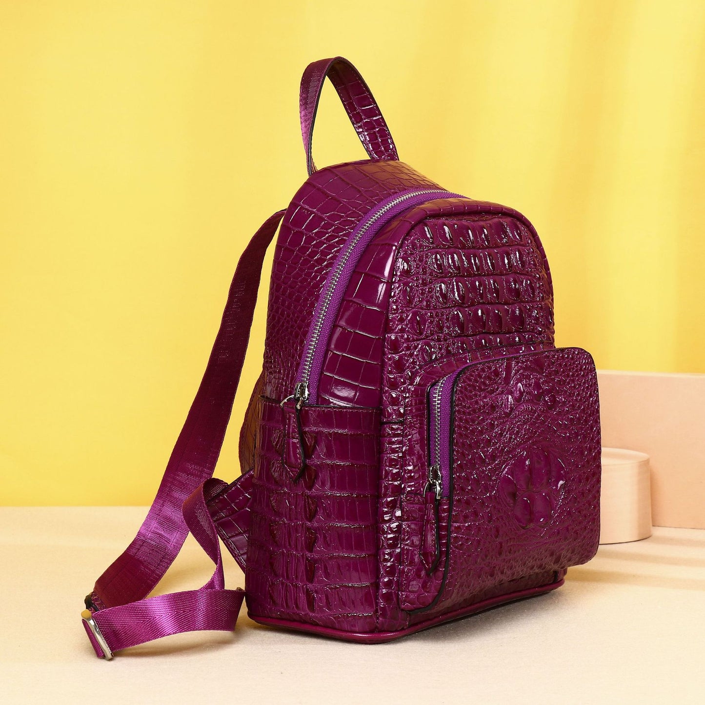 New Arrival Classic Croc-Effect Purple Backpack for Women, A Trendy Outdoor Laptop Daypack with Fashionable Cool Design, Perfect for Daily & Travel