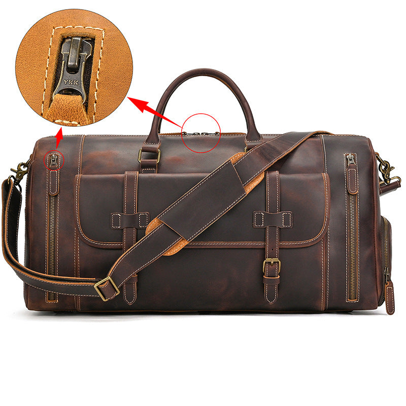 Large Capacity Crazy Horse Leather Travel Duffle with Shoe Compartment, Top Handle Shoulder Crossbody Luggage Bag for Men