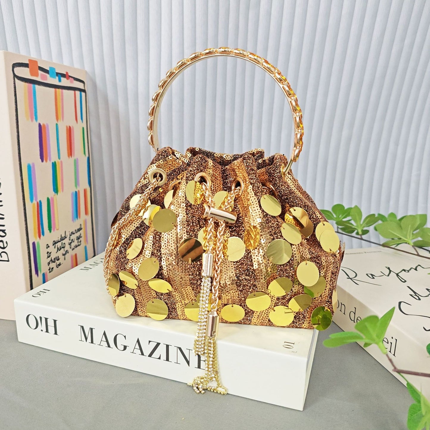 New Sequin Rhinestone Tassel Bucket Bag for Women, Sparkly Shoulder Crossbody Handbag, Evening Party Purse with Top Handle