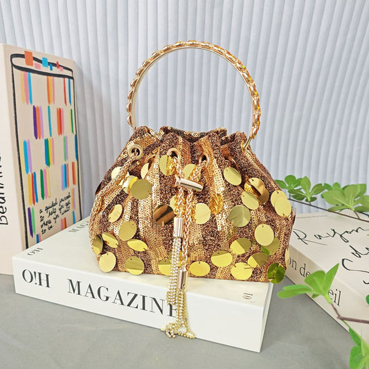 New Sequin Rhinestone Tassel Bucket Bag for Women, Sparkly Shoulder Crossbody Handbag, Evening Party Purse with Top Handle