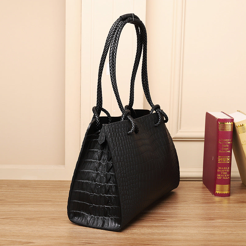 Genuine Leather Crocodile Embossed Woven Tote Bag for Women Large Capacity Shoulder Handbag, Travel Mommy Bag with Basket Style Design