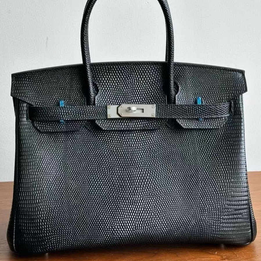 Genuine Top Layer Cowhide Lizard-Embossed Birkin 30cm Bag for Women, Hermès-Style Lock Clasp Top Handle Purse, Premium Leather Handbag for Ladies