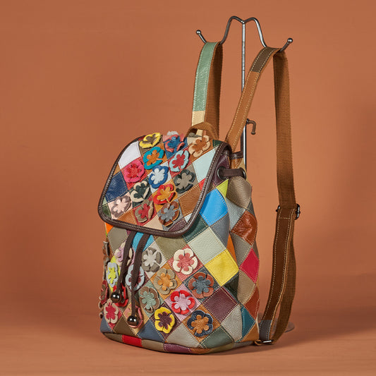 Premium Vintage Cowhide Leather Patchwork Backpack for Women | Handcrafted Floral Color-Block Design with Unique Artistic Flair | Spacious Travel Daypack for Hiking, Sightseeing & Everyday Chic | Trendy Statement Rucksack with Bohemian Personality &