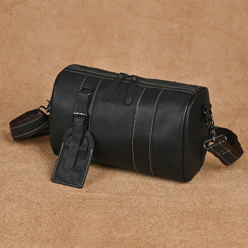 Men's Vintage Top Grain Cowhide Crossbody Bag Round Barrel Casual Messenger Large Capacity Shoulder Satchel