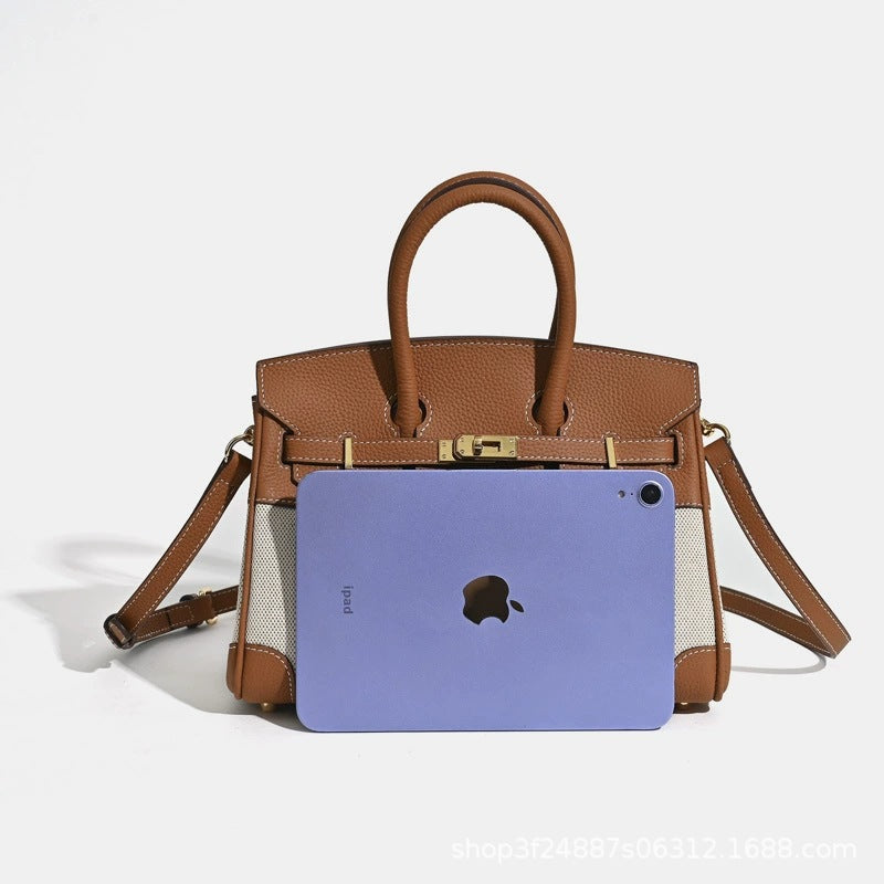 Chic Minimalist Canvas & Leather Birkin-Inspired Tote Bag for Women, Casual Bucket Handbag with Spliced Design, Versatile Top-Handle Shoulder Purse for Everyday Style