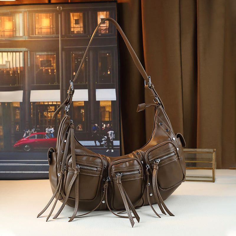 Studded Biker Tote Bag for Women Underarm Shoulder Handbag with Multi-Pockets, Vintage Trendy Design with Edgy Hardware Accents