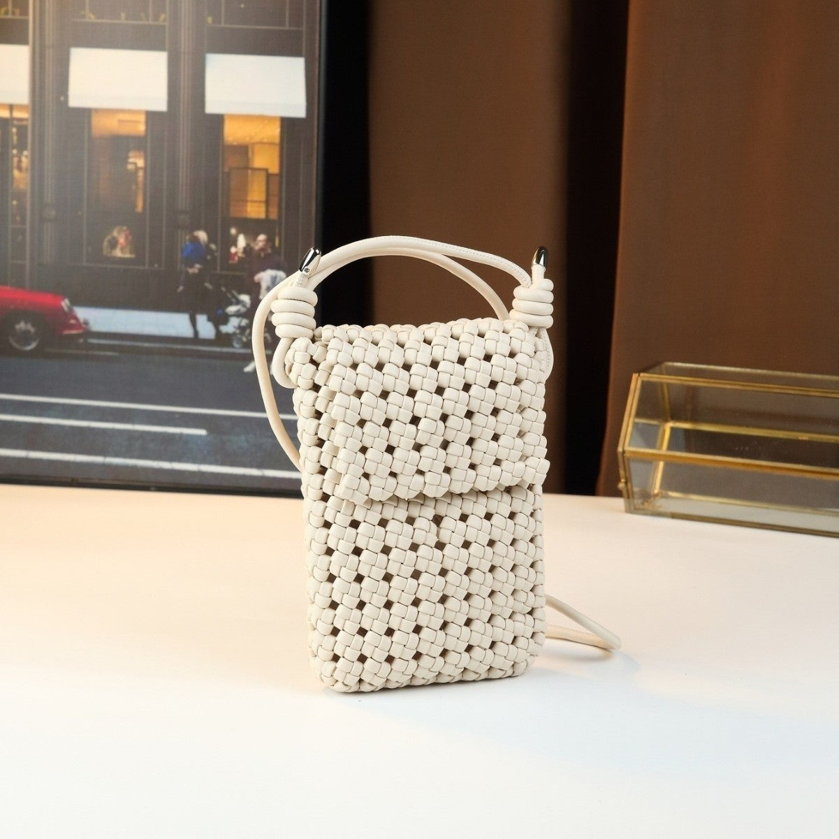 Handwoven Hollow Phone Bag for Women Niche Shoulder Crossbody Mini Purse, Fashionable Small Bag with Artisan Woven Texture