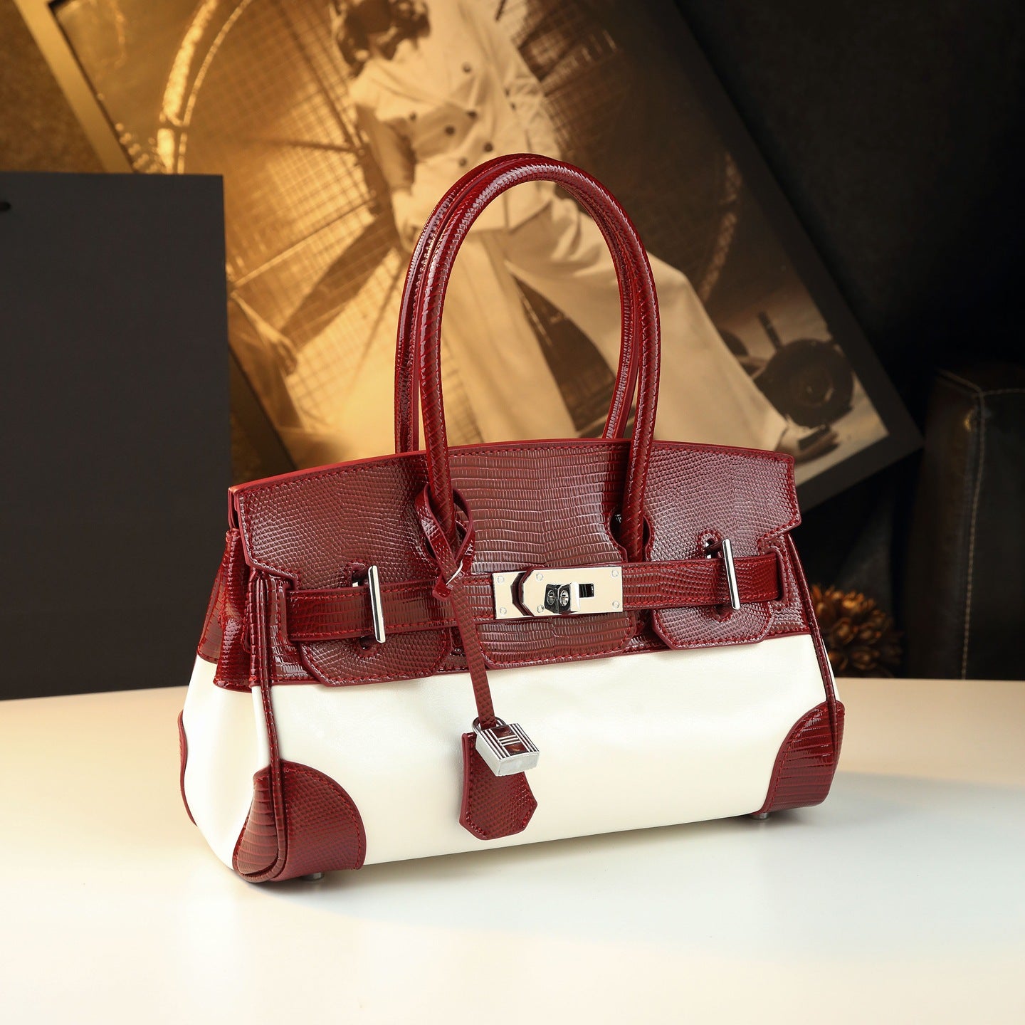 Chic Lizard-Effect Birkin-Inspired Tote Bag for Women, Premium Genuine Leather Top-Handle Crossbody Shoulder Handbag with Trendy Elegant Design, Ideal Everyday Purse for Mom
