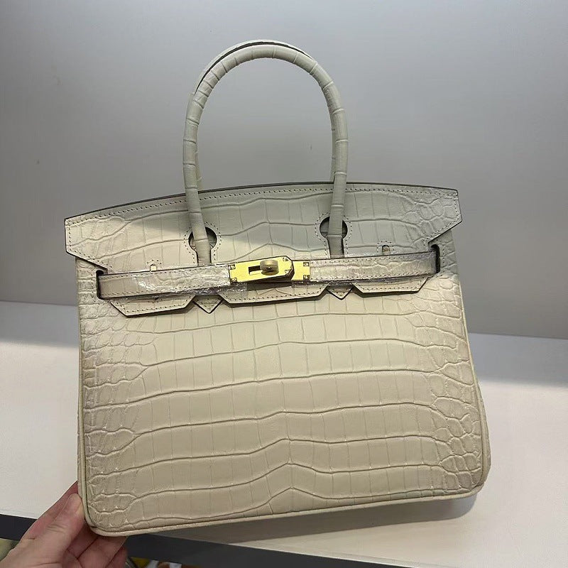 Genuine Top Layer Cowhide Matte Crocodile-Embossed Birkin-Style Bag for Women, Premium Top Handle Shoulder Crossbody Purse, Luxury Handbag for Ladies