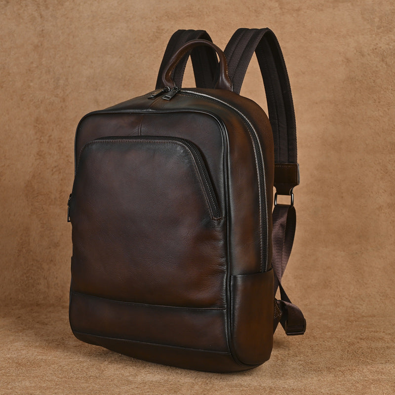 Men's Vintage Genuine Leather Backpack Soft Top Layer Cowhide Rucksack Laptop Bag for Travel School with Multiple Compartments