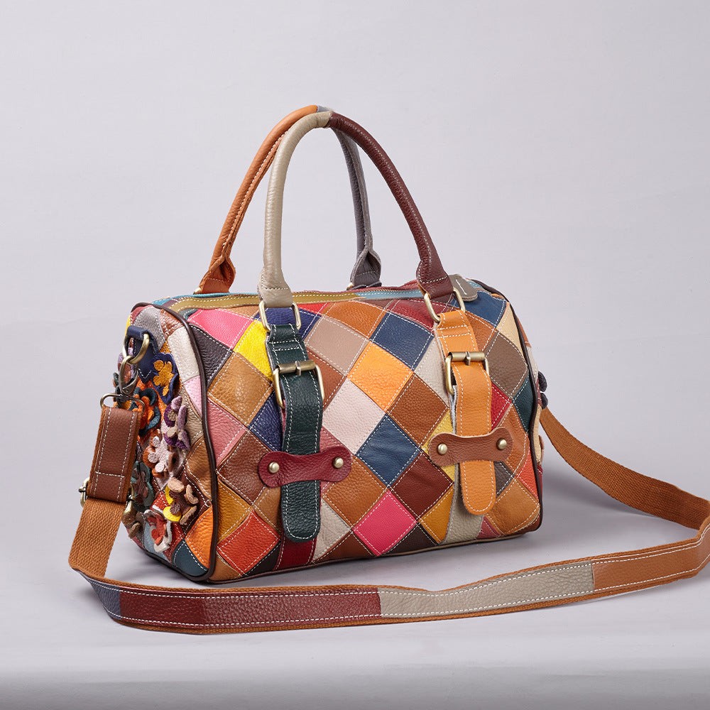 Genuine Leather Vintage Multicolor Color Block Floral Patchwork Handbag for Women, European Style Handmade Shoulder Crossbody Top Handle Purse, Designer Bag for Ladies