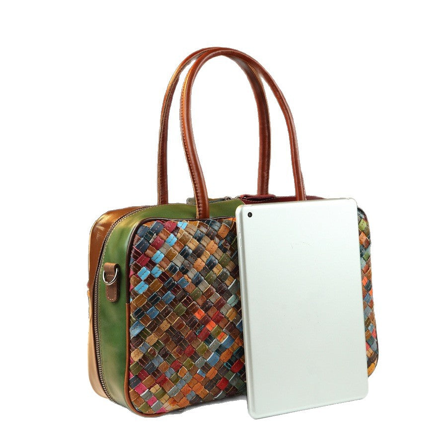Top Layer Cowhide Patchwork Woven Tote Bag for Women Vintage Large Capacity Shoulder Handbag, Fashion Purse with Artisan Textured Design