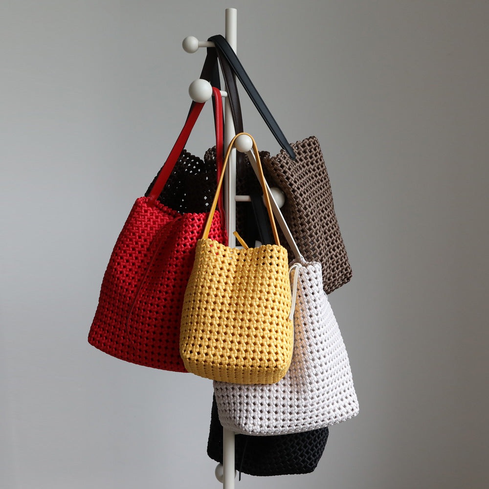 Hollow Woven Cowhide Tote Bag for Women Large Capacity Shoulder Underarm Handbag, Designer Style with Versatile Commuter Appeal