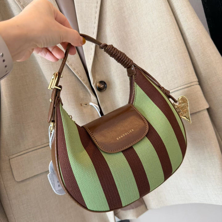 Color-Block Crescent Bag for Women Fall Winter Light Luxury Top Handle Shoulder Crossbody Purse, High-Quality Versatile Going-Out Handbag with Chic Contrast Design