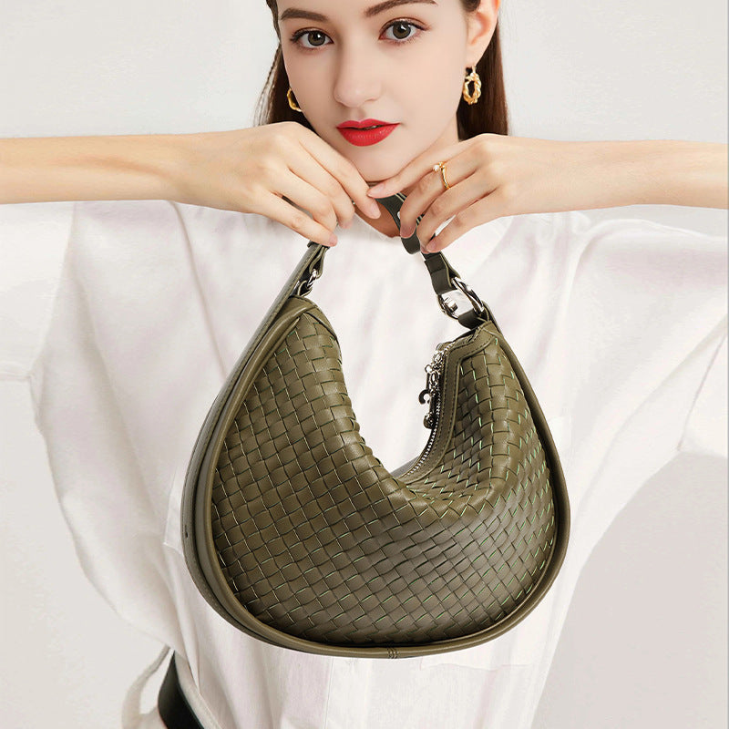 New Handwoven Crescent Bag in Genuine Leather, Large Capacity Commute Shoulder Crossbody Underarm Top Handle Purse, Stylish Handbag for Women